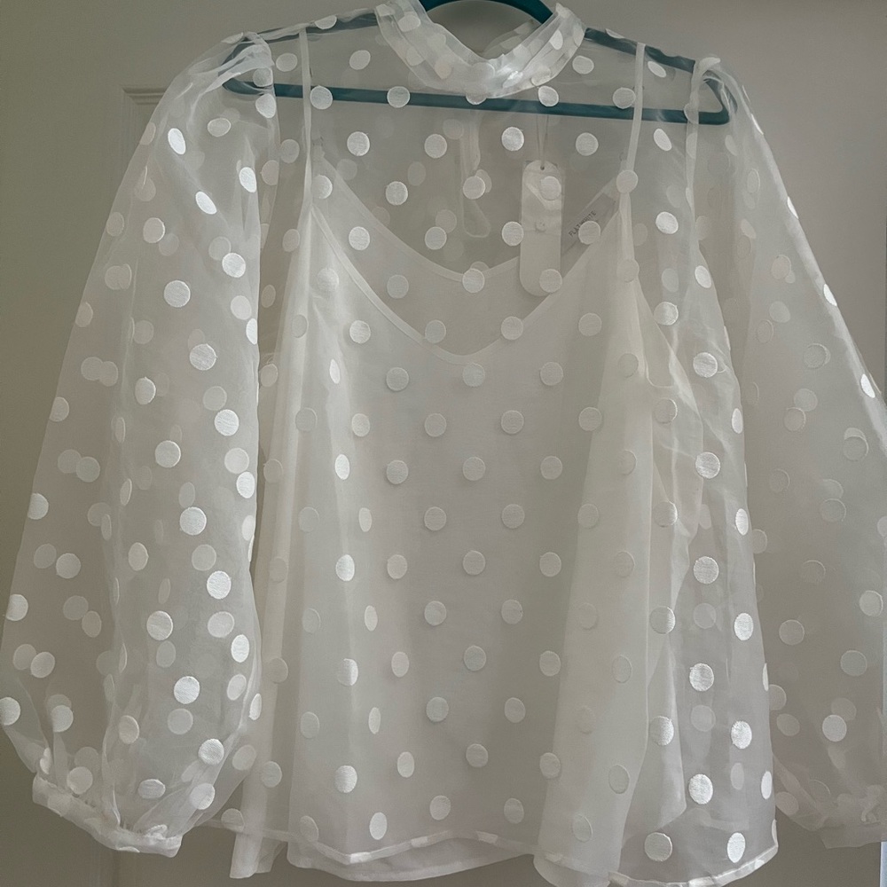 NWT Anthropologie Flat White Polka Dot Bow Blouse